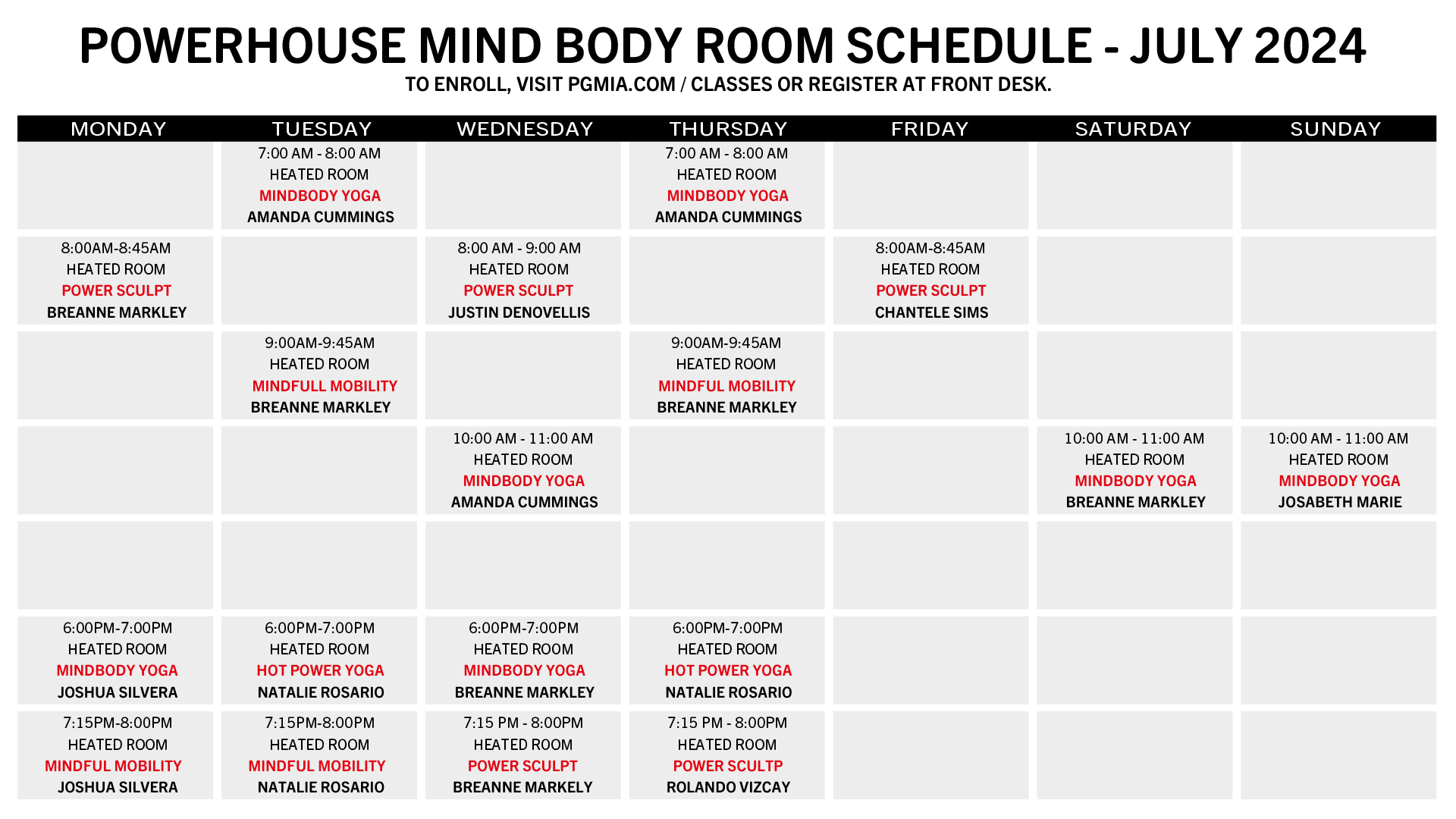Mind Body Schedule