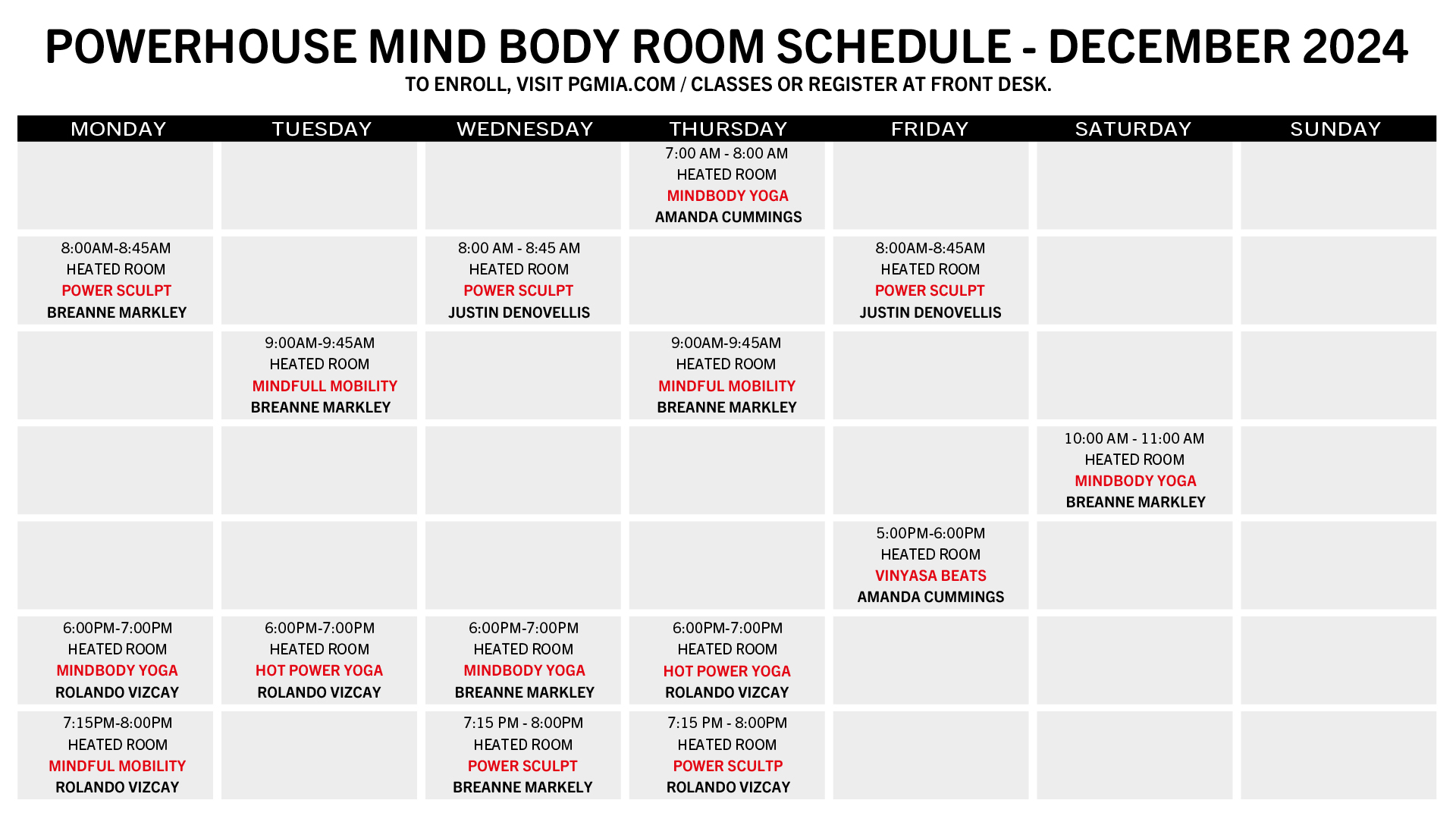 Mind Body Room Classes Schedule